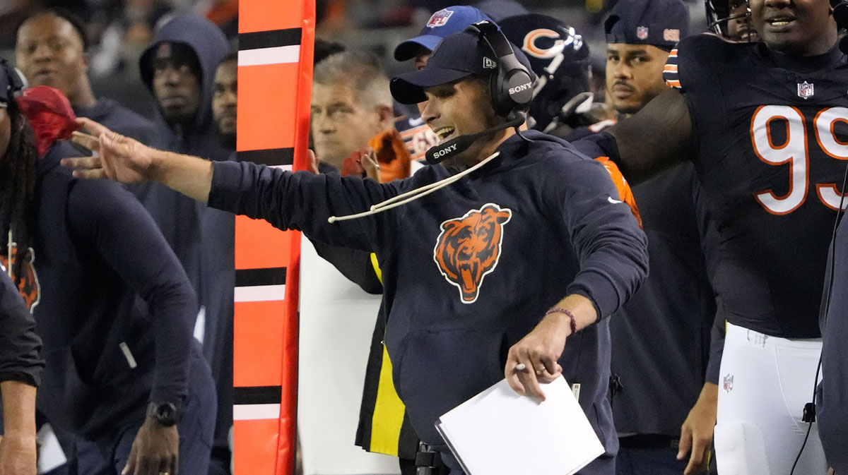 Chicago Bears head coach Ben Johnson reacts during the second half at Soldier Field.