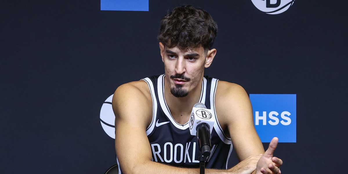 Brooklyn Nets guard Ben Saraf (77) speaks at Media Day.