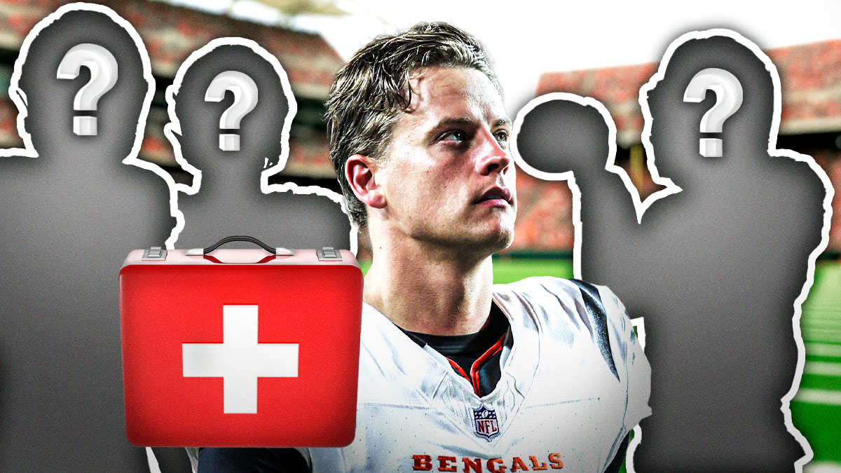 Joe Burrow with a first aid kit next to him, and three mystery football players next to him.