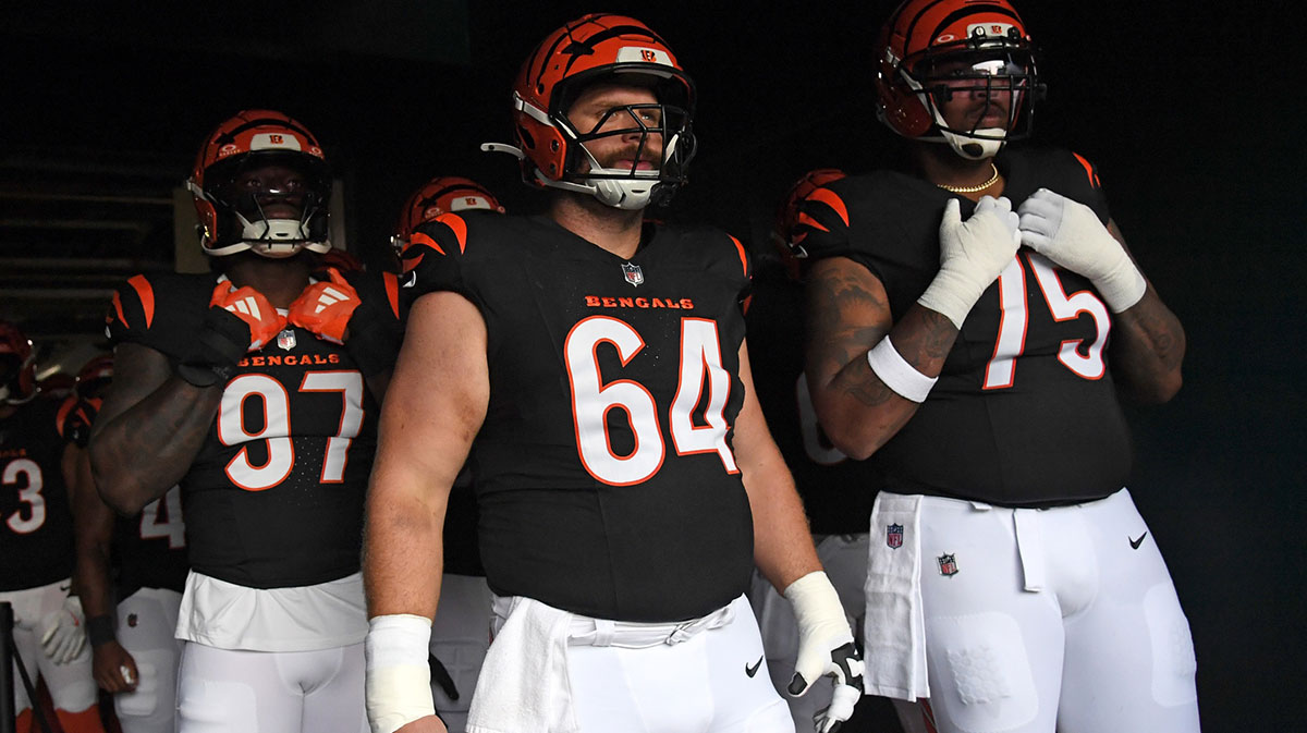 Cincinnati Bengals defensive end Shemar Stewart (97), center Ted Karras (64) and offensive tackle Orlando Brown Jr. (75) in the tunnel against the Philadelphia Eagles at Lincoln Financial Field.