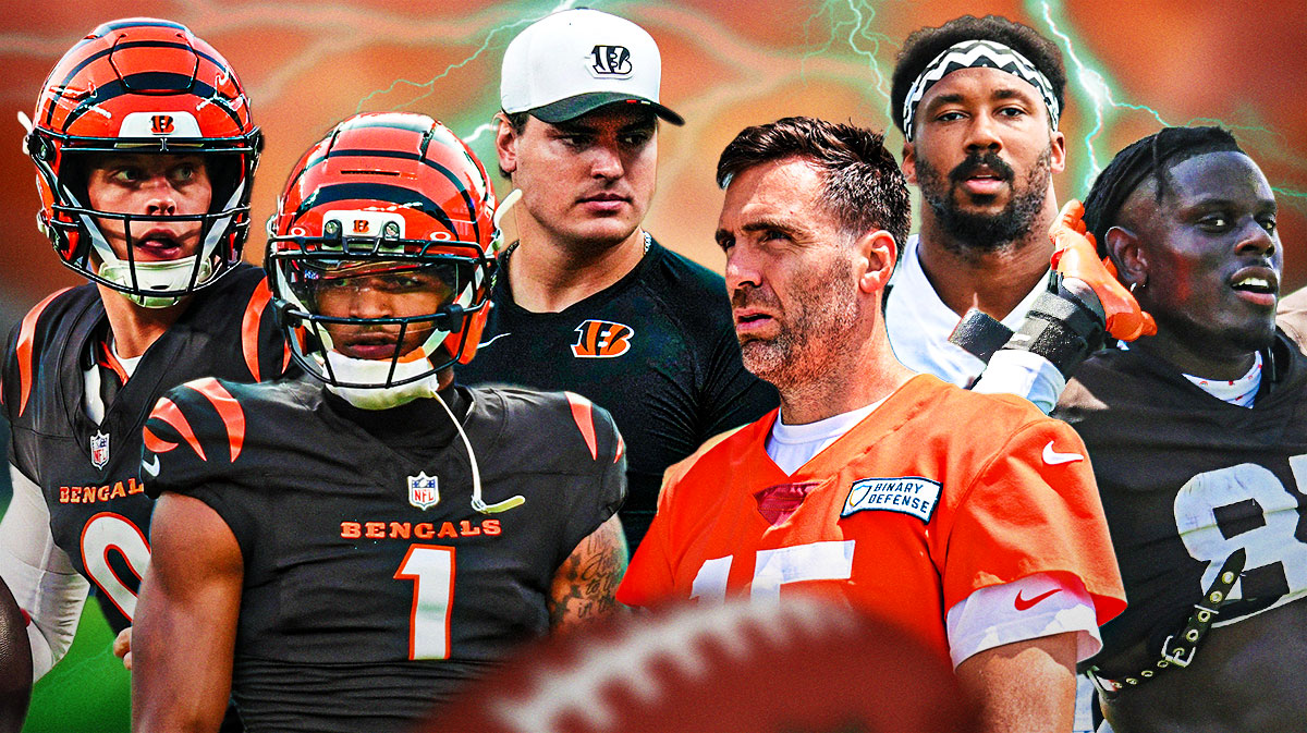 Joe Burrow, Ja'Marr Chase, Trey Hendrickson on one side - Joe Flacco, David Njoku, Myles Garrett on the other side - Lightning in the background