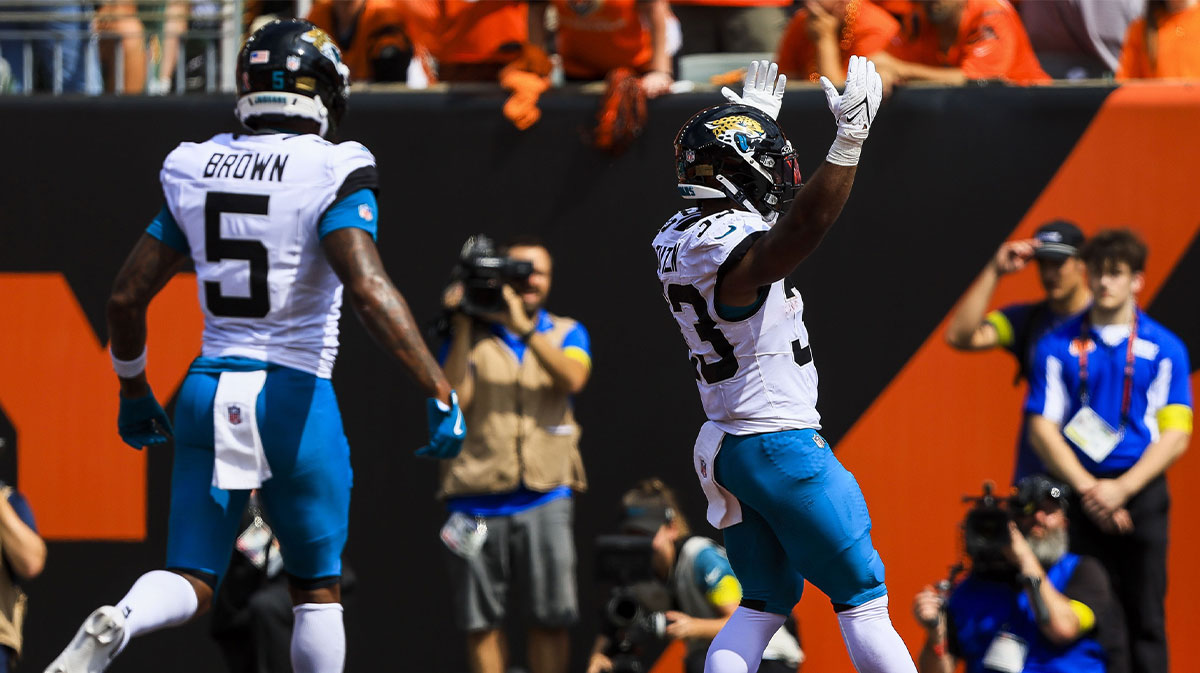 Jacksonville Jaguars running back Bhayshul Tuten (33) reacts after scoring a touchdown in the first half against the Cincinnati Bengals at Paycor Stadium.