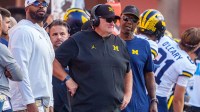 Michigan Wolverines acting head coach Biff Poggi watches during the fourth quarter against the Nebraska Cornhuskers at Memorial Stadium.