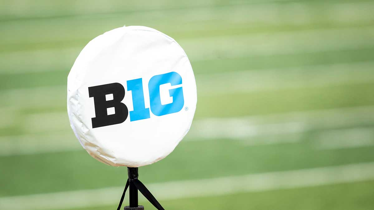A detail view of a logo for the Big Ten Conference is seen during the Hawkeyes Kids Day NCAA football open practice at Kinnick Stadium in Iowa City, Iowa