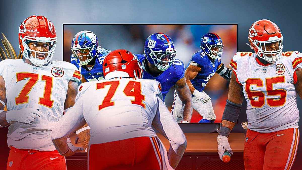 Giants' Abdul Carter, Brian Burns, Kayvon Thibodeau in a video game versus screen facing off against Chiefs' Jawaan Taylor, Josh Simmons, Trey Smith