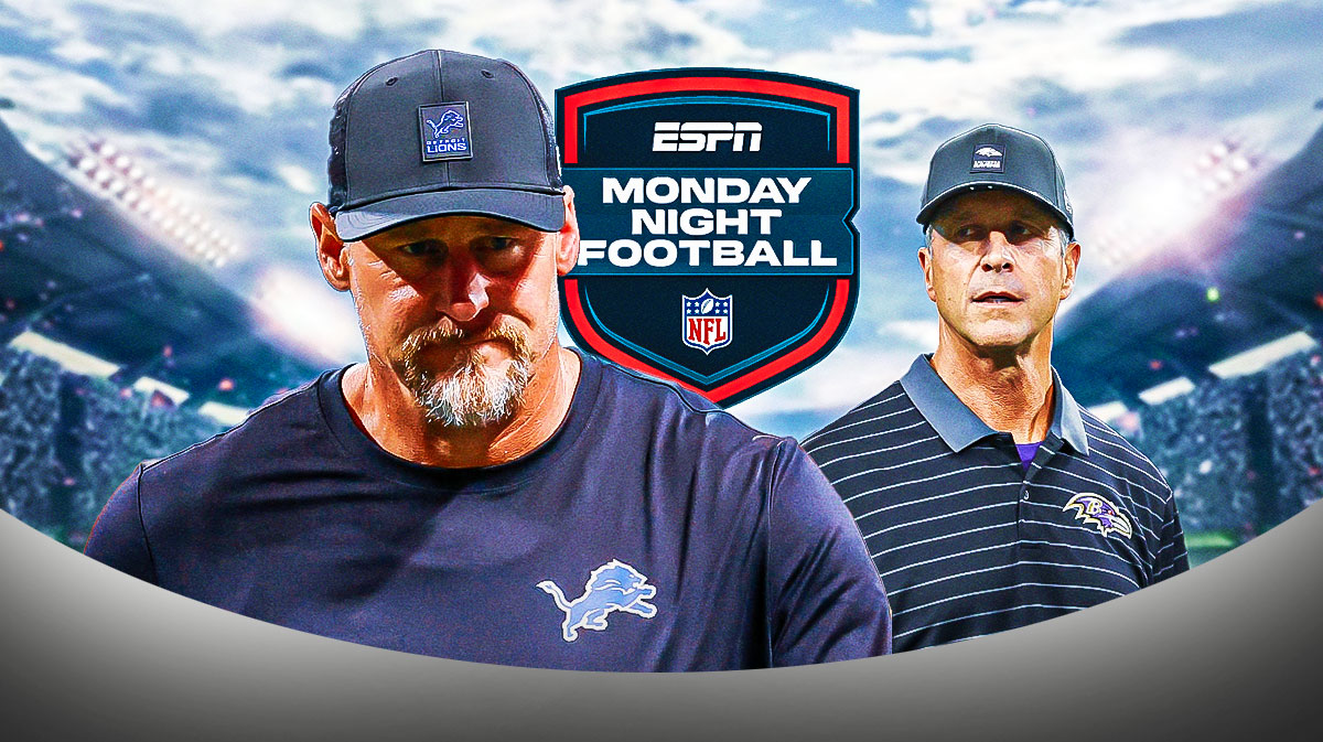 Lions HC Dan Campbell and Ravens HC John Harbaugh with the Monday Night Football logo behind them