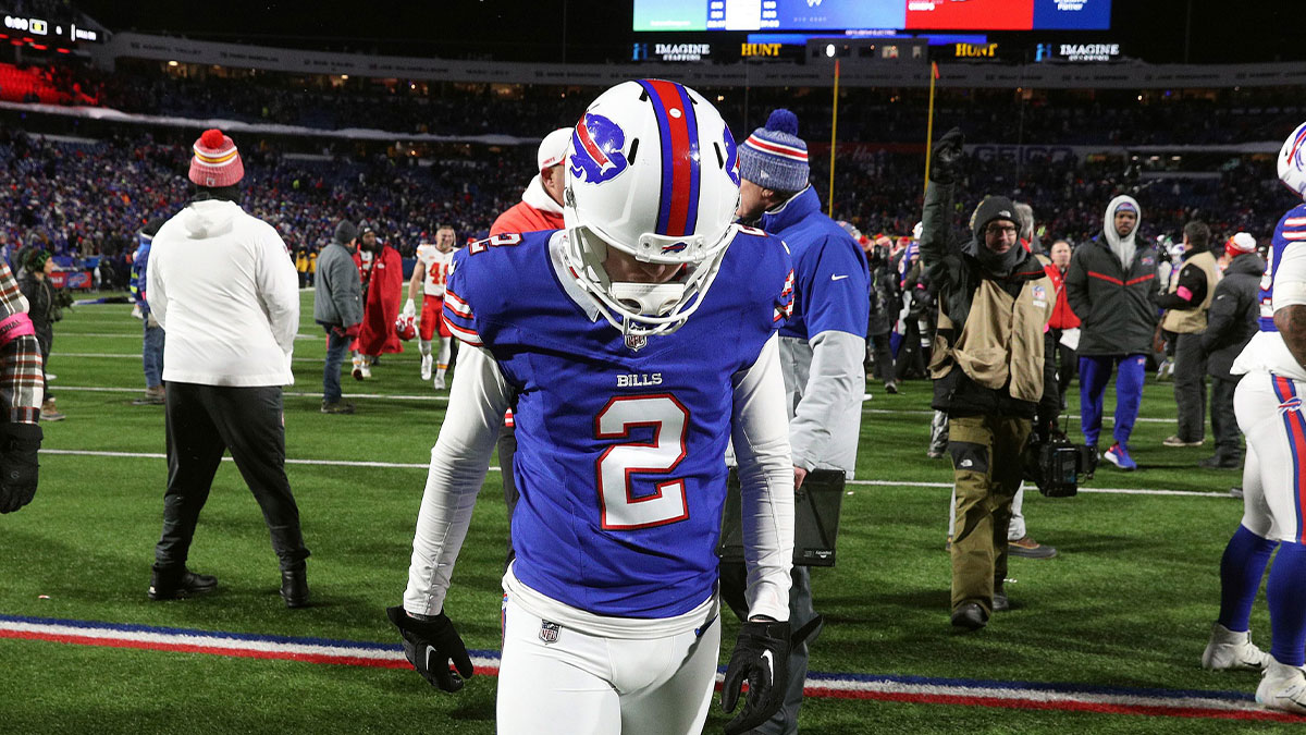 Buffalo Bills place kicker Tyler Bass (2) walks off the field after missing what would have been a game tying field goal in a 27-24 loss to the Chiefs in the divisional round.