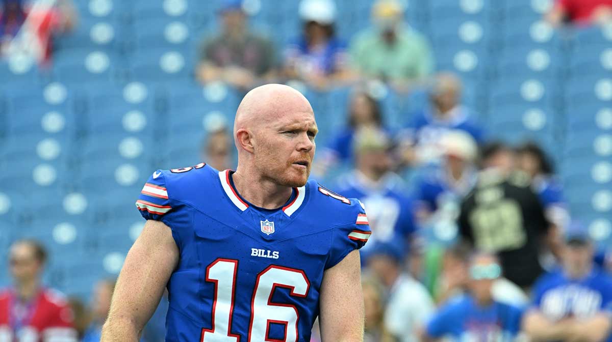 Buffalo Bills punter Cameron Johnston (16) warms up before a game against the New Orleans Saints at Highmark Stadium. Mandatory Credit: Mark Konezny-Imagn Images