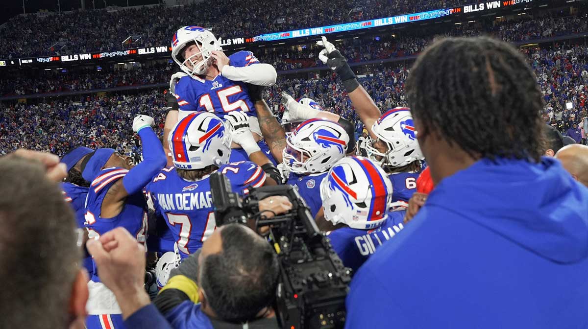 Bills Matt Prater is hoisted on the teams shoulders after his field goal put the Bills ahead 41-40 to beat the Baltimore Ravens at Highmark Stadium in Orchard Park on Sept. 7, 2025.
