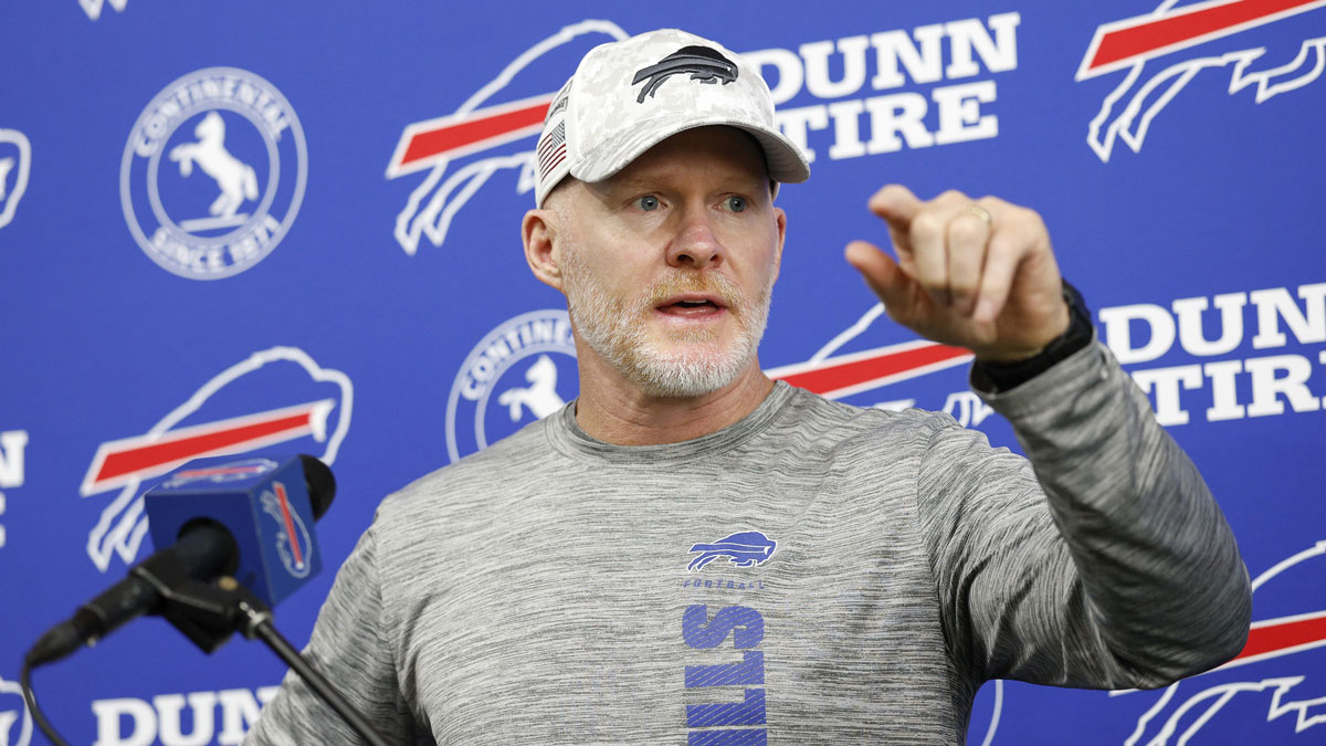 Aug 15, 2025; Lake Forest, IL, USA; Buffalo Bills head coach Sean McDermott addresses the media at Halas Hall before joint training camp practice with the Chicago Bears ahead of Sunday's preseason game. Mandatory Credit: Kamil Krzaczynski-Imagn Images