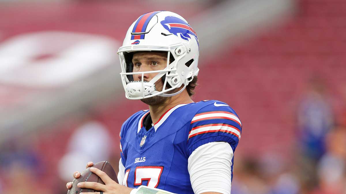 Bills quarterback Josh Allen (17) warms up before a game against the Tampa Bay Buccaneers at Raymond James Stadium