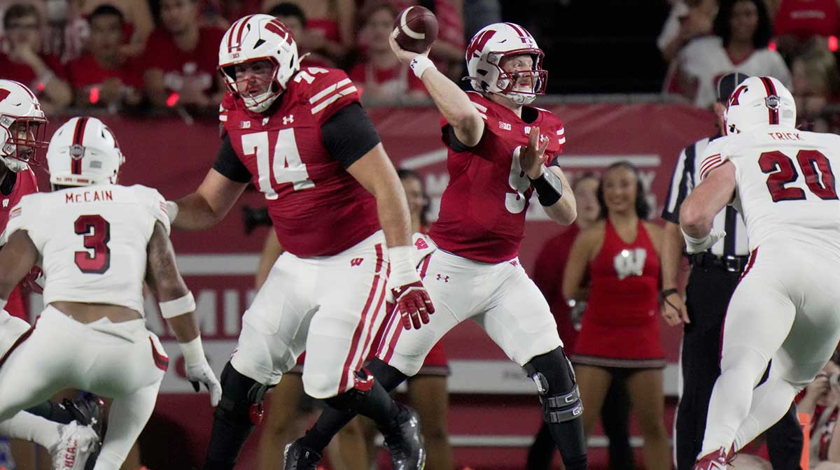 Wisconsin quarterback Billy Edwards Jr. (9) passes the ball during the first quarter of their game against Miami (Ohio) Thursday, August 28, 2025 at Camp Randall Stadium in Madison, Wisconsin.