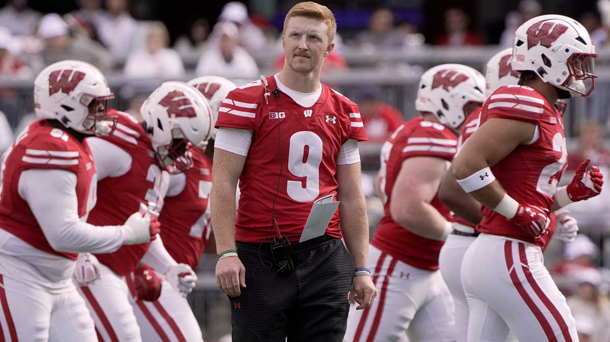 Injured Wisconsin quarterback Billy Edwards Jr. (9) is shown during the second quarter of the game against Middle Tennessee Saturday, September 6, 2025 at Camp Randall Stadium in Milwaukee, Wisconsin.