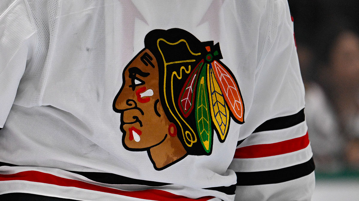 A view of the logo on the jersey of Chicago Blackhawks goaltender Petr Mrazek (34) during the game between the Dallas Stars and the Chicago Blackhawks at American Airlines Center.