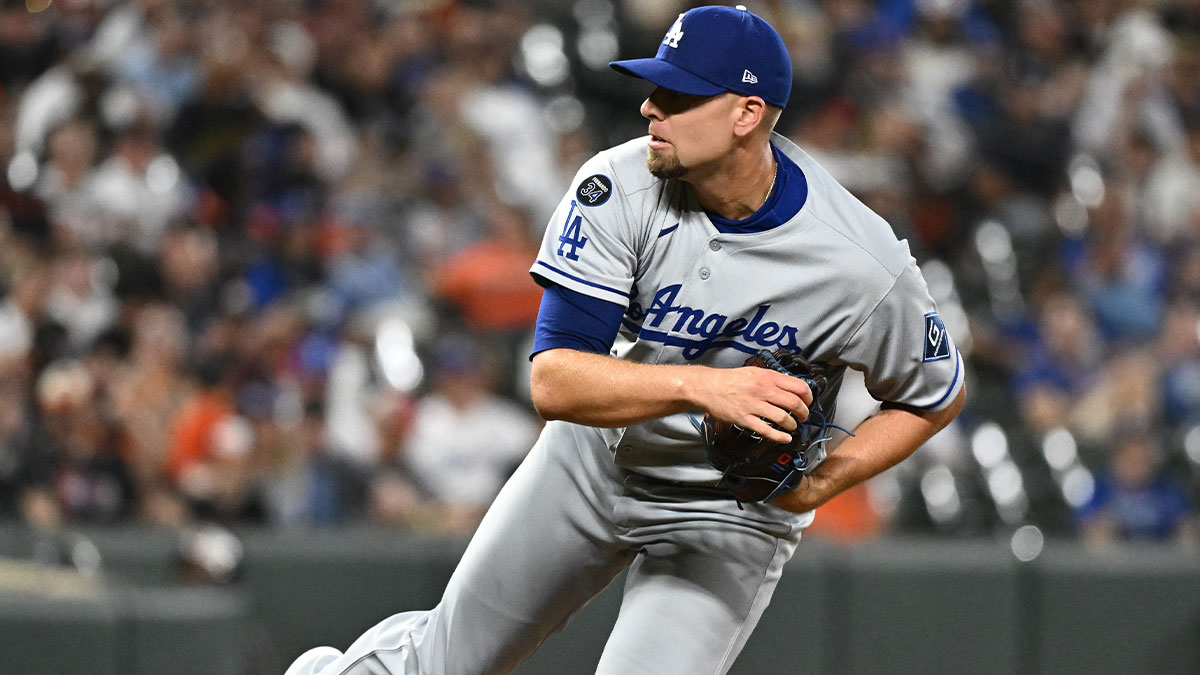 Los Angeles Dodgers pitcher Blake Treinen (49) delivers a pitch during the seventh inning against the Baltimore Orioles at Oriole Park at Camden Yards.
