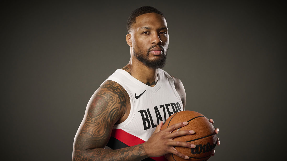 Portland Trail Blazers guard Damian Lillard (0) during media day at the Moda Center.