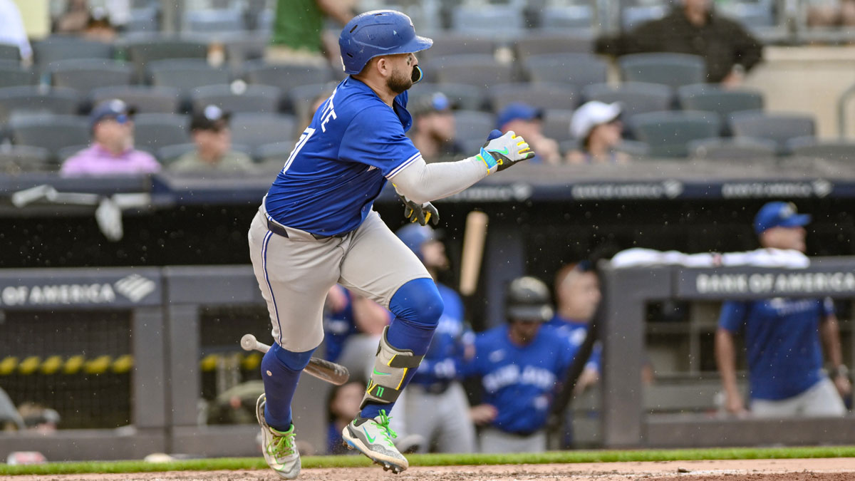 Toronto Blue Jays shortstop Bo Bichette (11) hits a double against the New York Yankees during the fifth inning at Yankee Stadium.