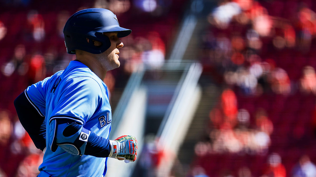 Toronto Blue Jays outfielder Daulton Varsho (5) runs the bases after hitting a solo home run in the ninth inning against the Cincinnati Reds at Great American Ball Park.