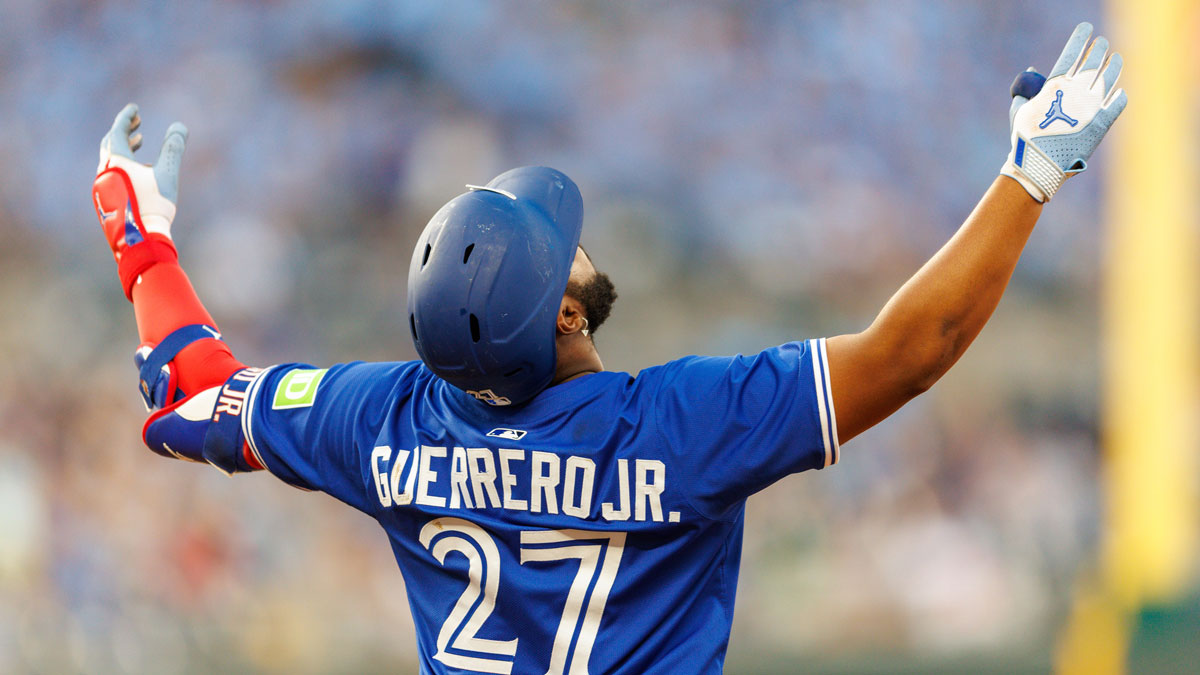 Toronto Blue Jays first base Vladimir Guerrero Jr. (27) reacts to a play during the fourth inning against the Kansas City Royals at Kauffman Stadium. Mandatory Credit: