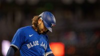 Toronto Blue Jays shortstop Bo Bichette (11) reacts after being called out on strikes San Francisco Giants during the eighth inning at Oracle Park.