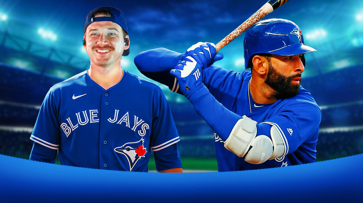 Morgan Wallen wearing a Toronto Blue Jays jersey on left. On right, need former Blue Jays player Jose Bautista swinging a baseball bat.