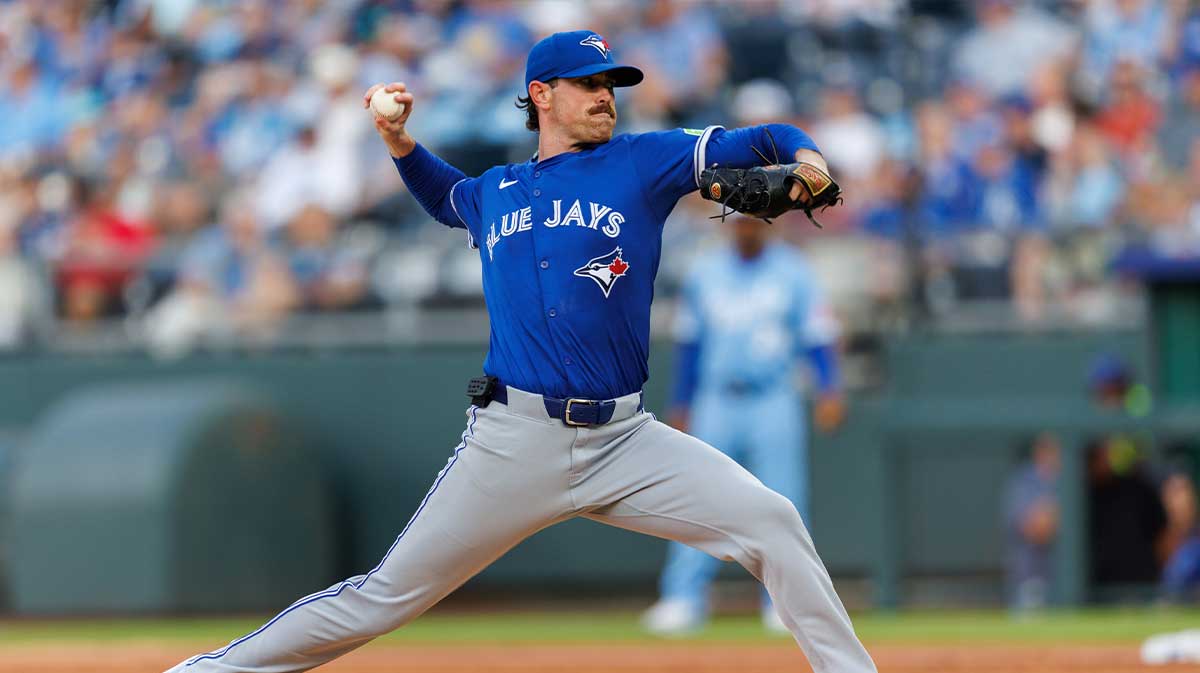 Toronto Blue Jays pitcher Shane Bieber (57) pitches during the first inning against the Kansas City Royals at Kauffman Stadium.