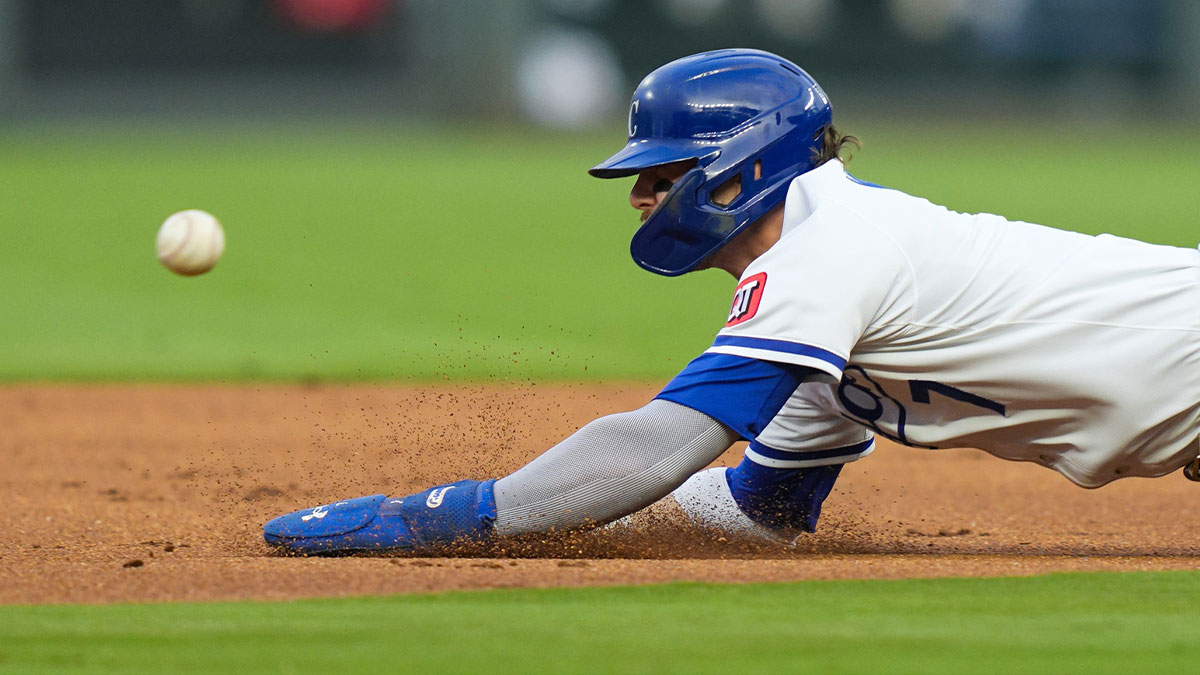 Kansas City Royals shortstop Bobby Witt Jr. (7) is caught stealing second base during the first inning against the Los Angeles Angels at Kauffman Stadium.
