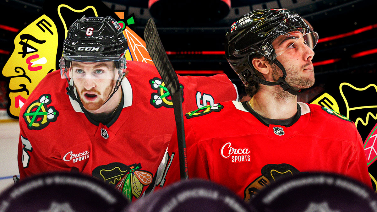 Frank Nazar and Sam Rinzel with the Blackhawks logo in the background.