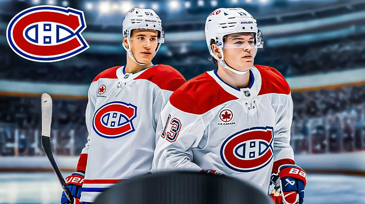 Cole Caufield and Ivan Demidov with the Canadiens logo in the background, Canadiens bold predictions