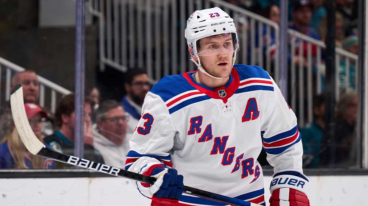 New York Rangers defenseman Adam Fox (23) skates against the San Jose Sharks during the second period at SAP Center at San Jose.
