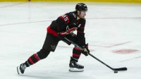 Ottawa Senators defenseman Jake Sanderson (85) skates with the puck in the third period against the Florida Panthers at the Canadian Tire Centre.