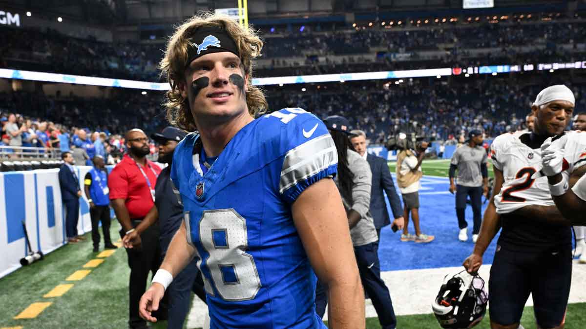Detroit Lions wide receiver Isaac TeSlaa (18) looks on as he leaves the field after the game against the Chicago Bears at Ford Field.