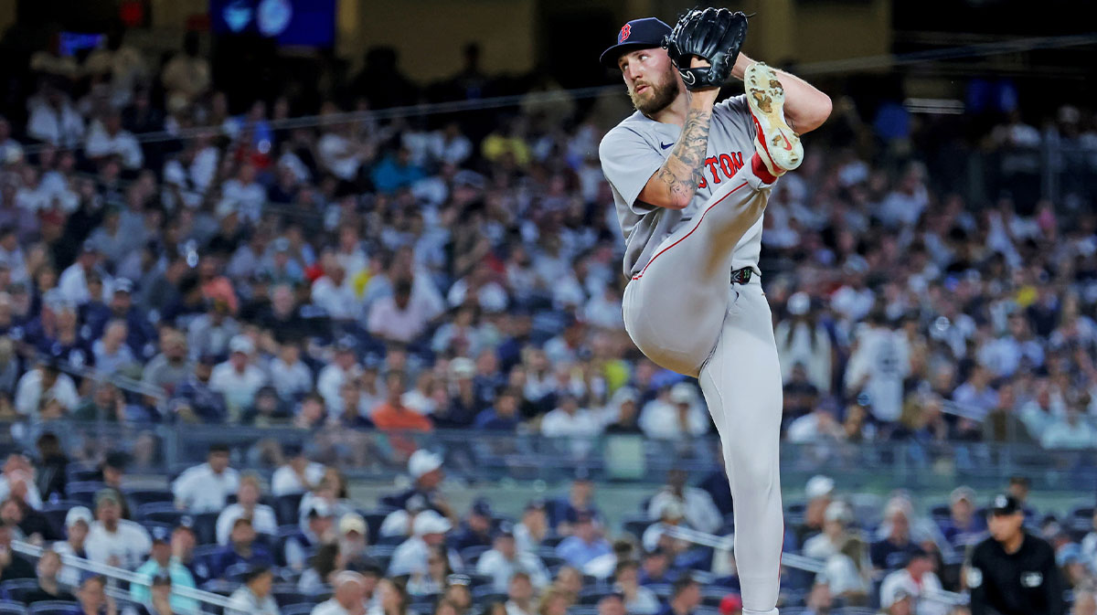 Boston Red Sox pitcher Garrett Crochet (35) throws a pitch during the fourth inning against the New York Yankees during game one of the Wildcard round for the 2025 MLB playoffs at Yankee Stadium.