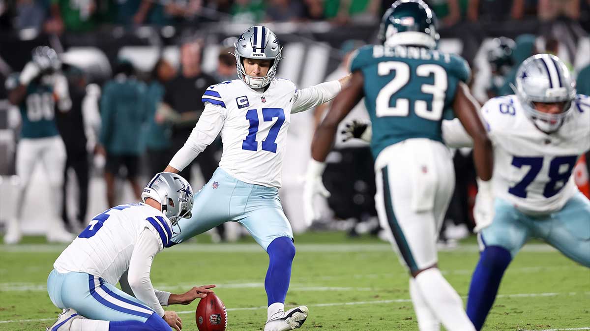 Dallas Cowboys place kicker Brandon Aubrey (17) kicks a field goal against the Philadelphia Eagles as teammates punter Bryan Anger (5) holds the ball during the second quarter of the game at Lincoln Financial Field