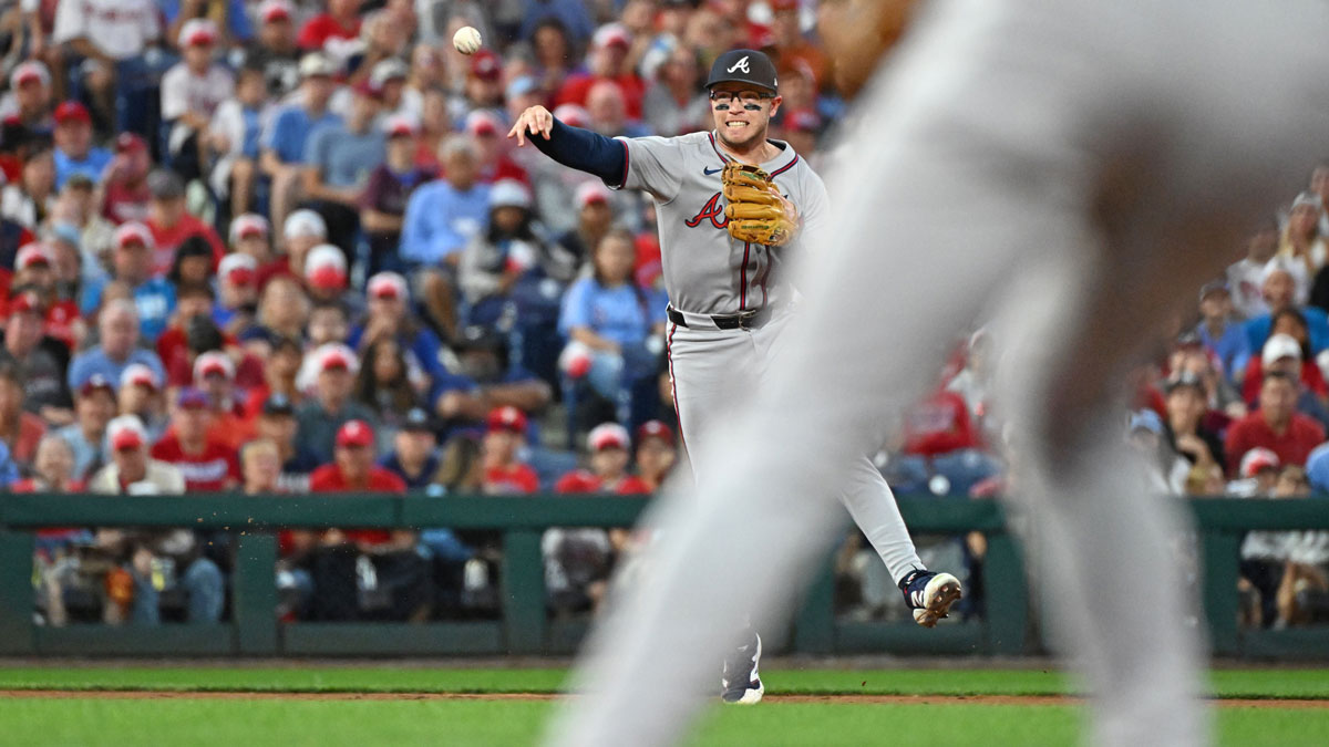 Atlanta Braves shortstop Nick Allen (2) throws to first base during the second inning against the Philadelphia Phillies at Citizens Bank Park.