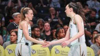 New York Liberty guard Sabrina Ionescu (20), and forward Breanna Stewart (30) at Barclays Center.