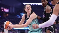 New York Liberty forward Breanna Stewart (30) controls the ball against Golden State Valkyries center Temi Fagbenle (14) during the first quarter at Chase Center.
