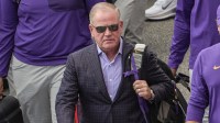 Louisiana State University Head Coach Brian Kelly walks off the bus during Clemson Tiger Walk before kickoff at Memorial Stadium in Clemson, S.C. Saturday, August 30, 2025.