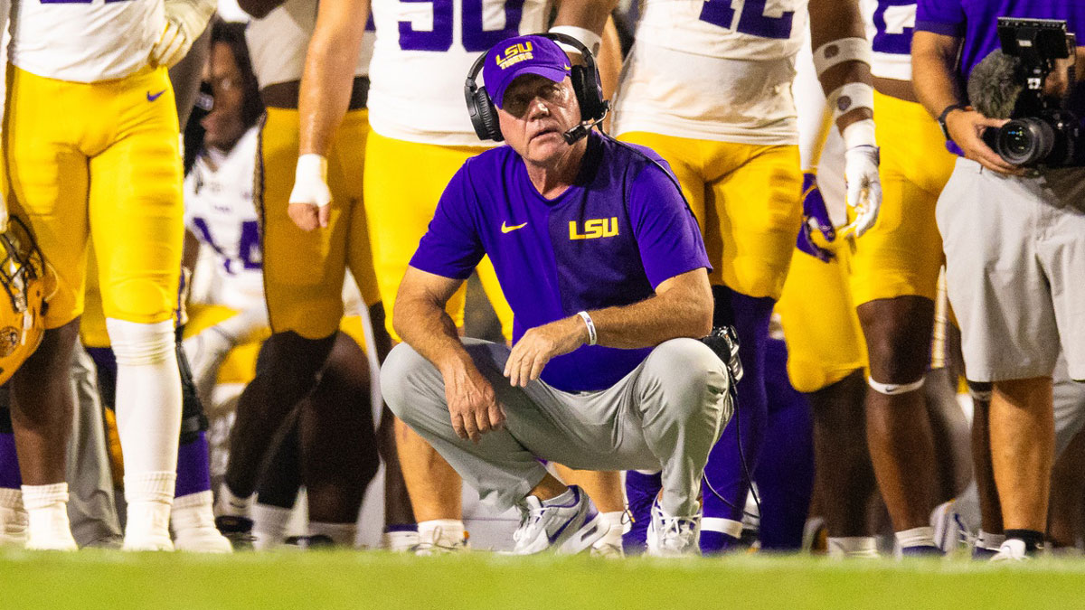 LSU Tigers head coach Brian Kelly looks on against Louisiana Tech Bulldogs during the second half at Tiger Stadium.