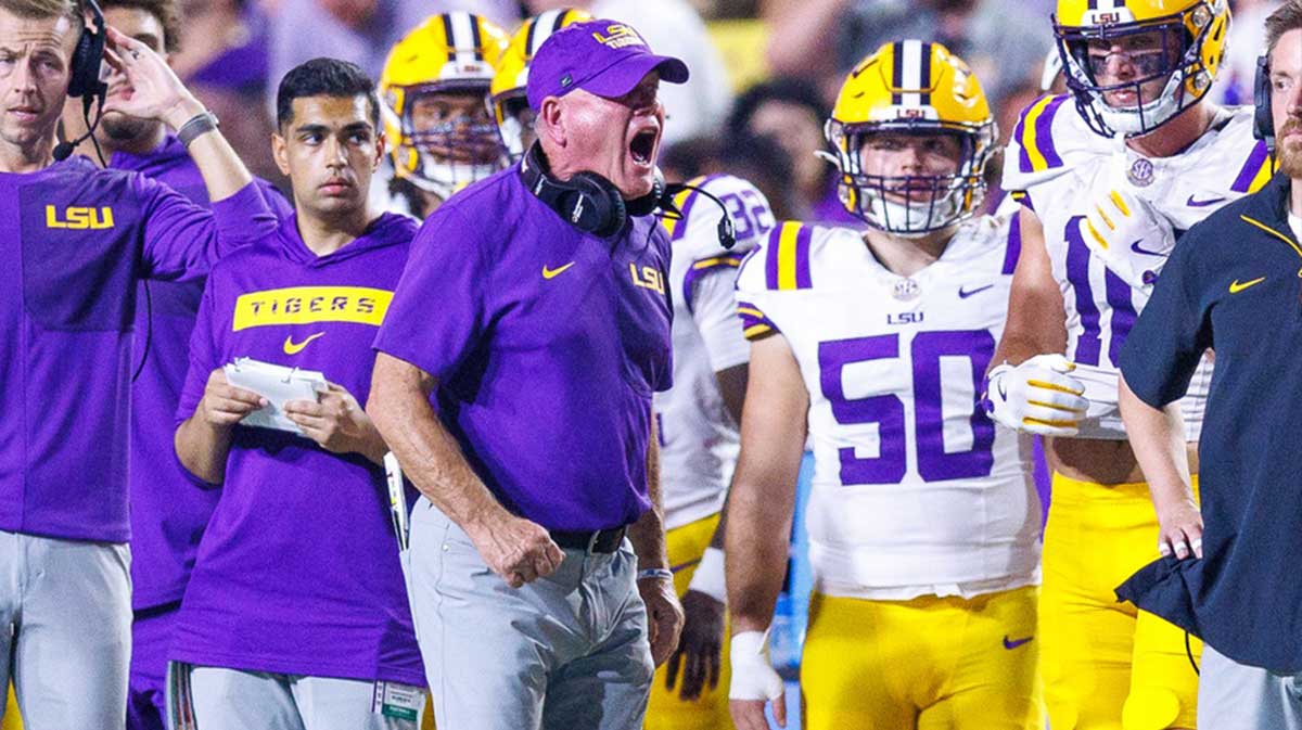 LSU Tigers head coach Brian Kelly reacts to a play against Louisiana Tech Bulldogs during the second half against Louisiana Tech Bulldogs at Tiger Stadium.