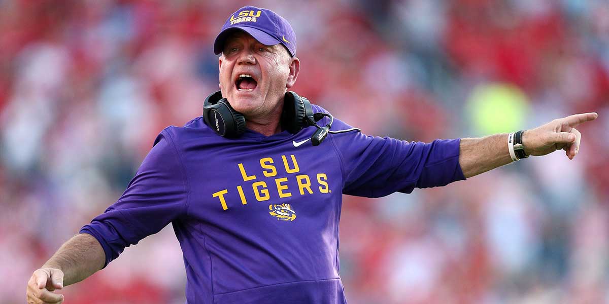 LSU Tigers head coach Brian Kelly reacts during the fourth quarter against the Mississippi Rebels at Vaught-Hemingway Stadium.