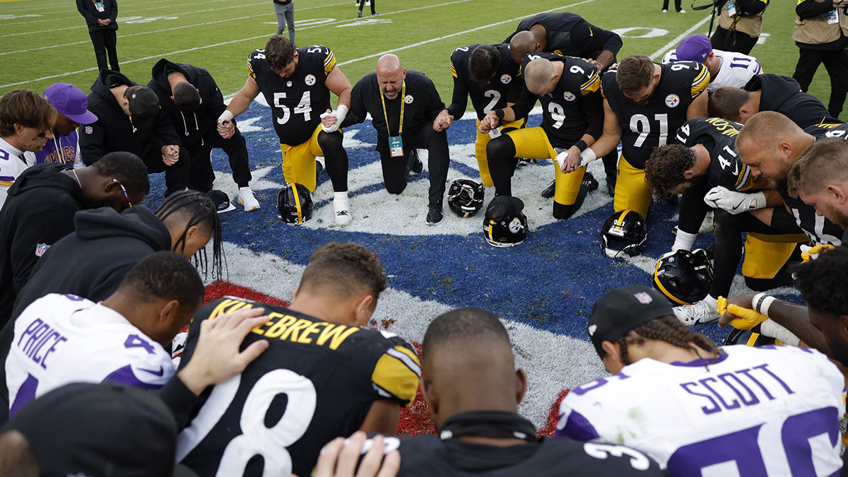 A general view as players huddle after a NFL International Series game between the Minnesota Vikings and Pittsburgh Steelers at Croke Park.