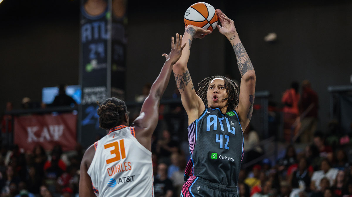 Atlanta Dream center Brittney Griner (42) shoots the ball against Connecticut Sun center Tina Charles (31) during the second quarter at Gateway Center Arena at College Park.