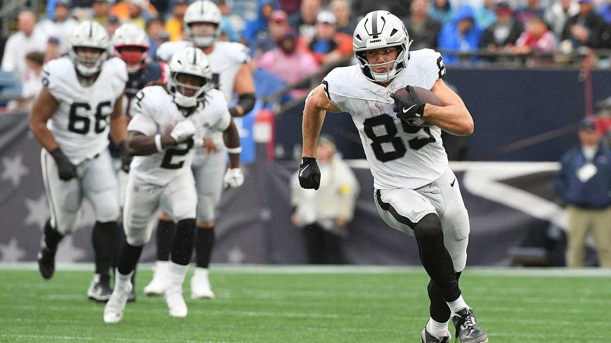Las Vegas Raiders tight end Brock Bowers (89) makes a catch against the New England Patriots during the second half at Gillette Stadium.