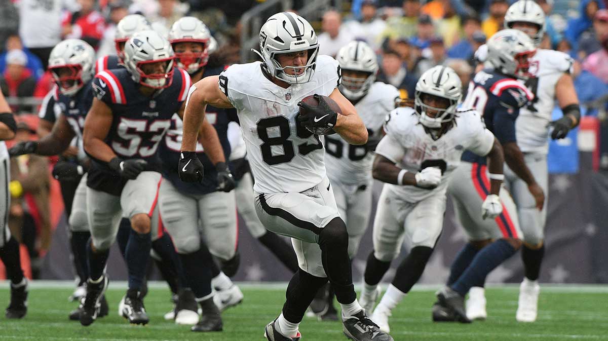 Las Vegas Raiders tight end Brock Bowers (89) makes a catch against the New England Patriots during the second half at Gillette Stadium.