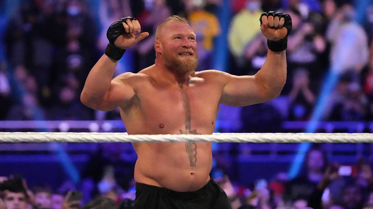 Brock Lesnar, who suffered a wardrobe malfunction during his return to WWE Friday Night SmackDown.