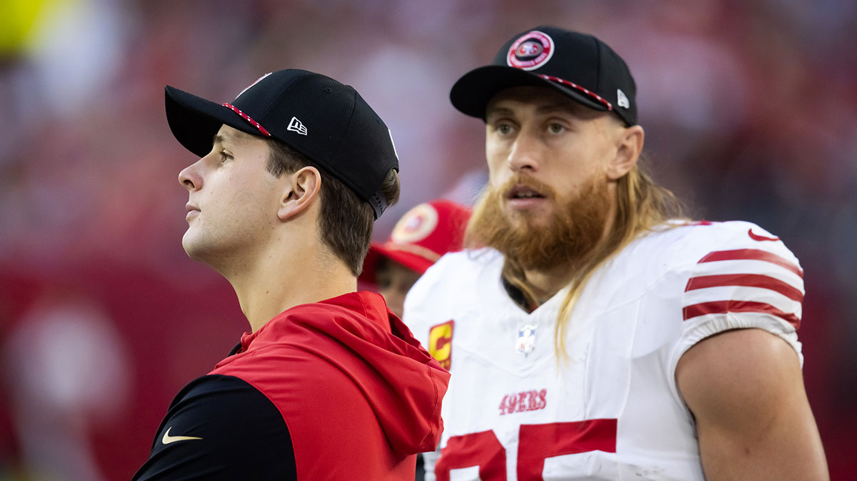 San Francisco 49ers quarterback Brock Purdy (left) with tight end George Kittle (85) against the Arizona Cardinals at State Farm Stadium