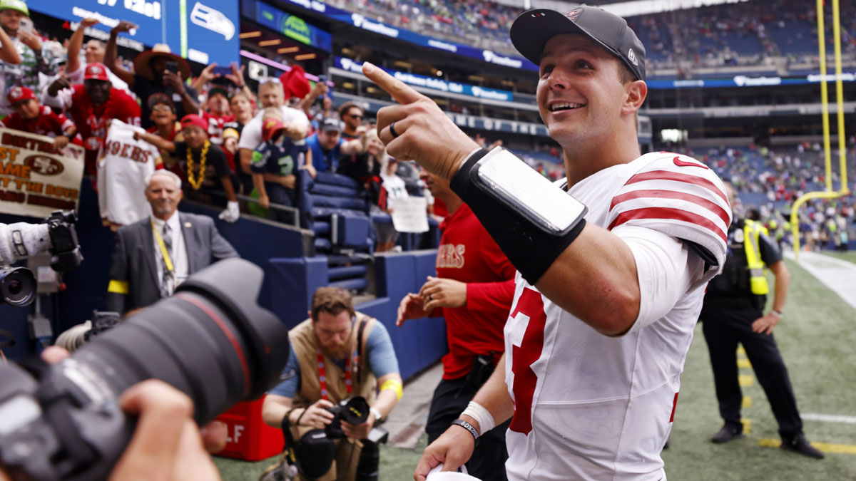 San Francisco 49ers quarterback Brock Purdy (13) reacts after the game against the Seattle Seahawks during the fourth quarter at Lumen Field.