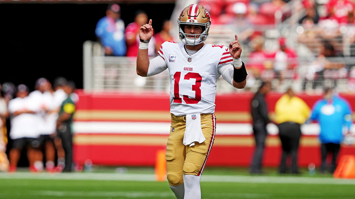 San Francisco 49ers quarterback Brock Purdy (13) reacts during the first half against the Jacksonville Jaguars at Levi's Stadium.