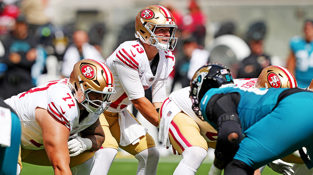 San Francisco 49ers quarterback Brock Purdy (13) stands at the line during the first half against the Jacksonville Jaguars at Levi's Stadium.